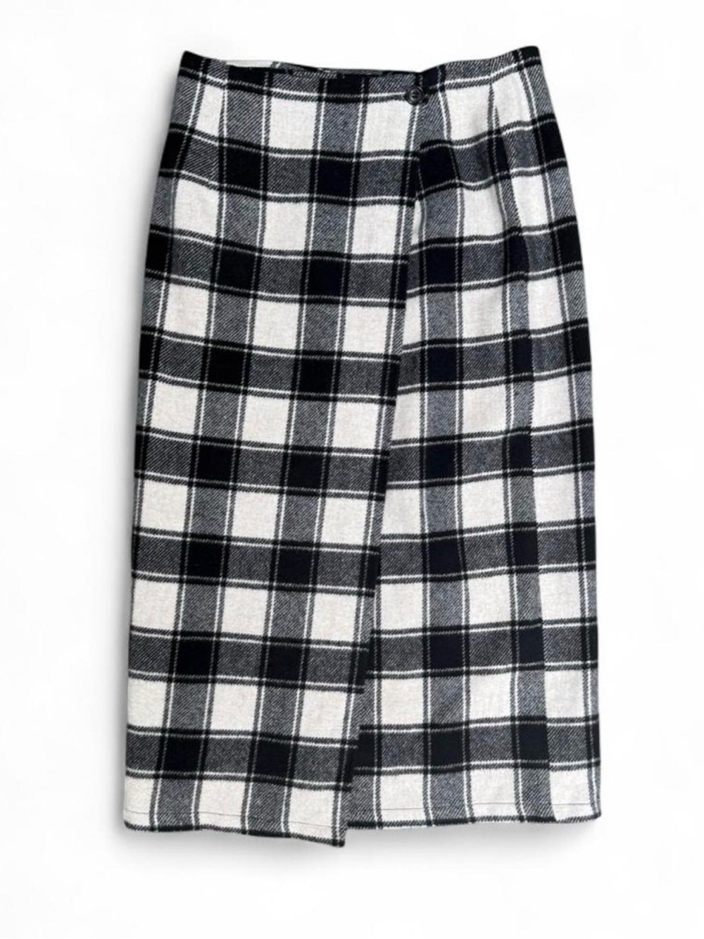 Vintage black & white plaid wool midi skirt New Frontier size 8 fully lined fall